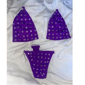 Exotic dancewear purple rhinestone set/ thong bikini